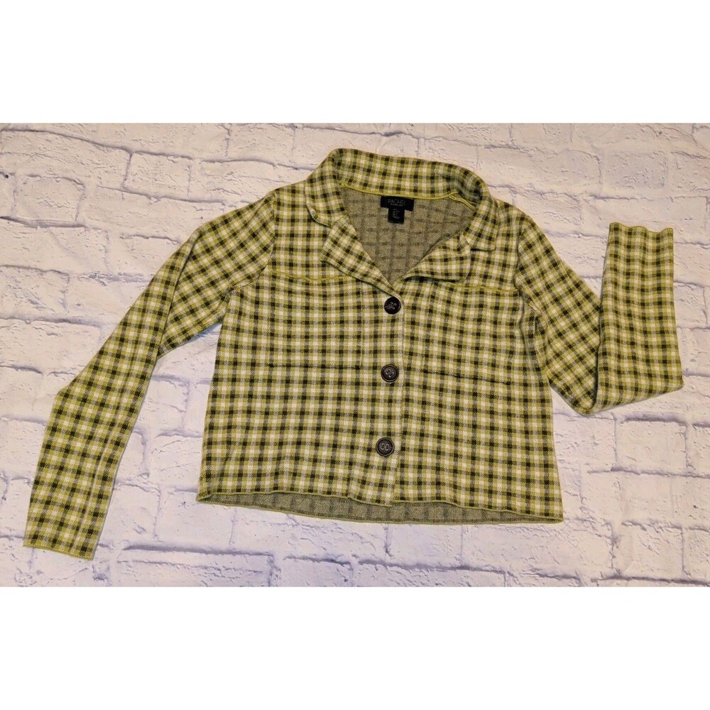 Rachel Roy Crop Blazer Womens L  Green Black Plaid Y2K Knit Sweater